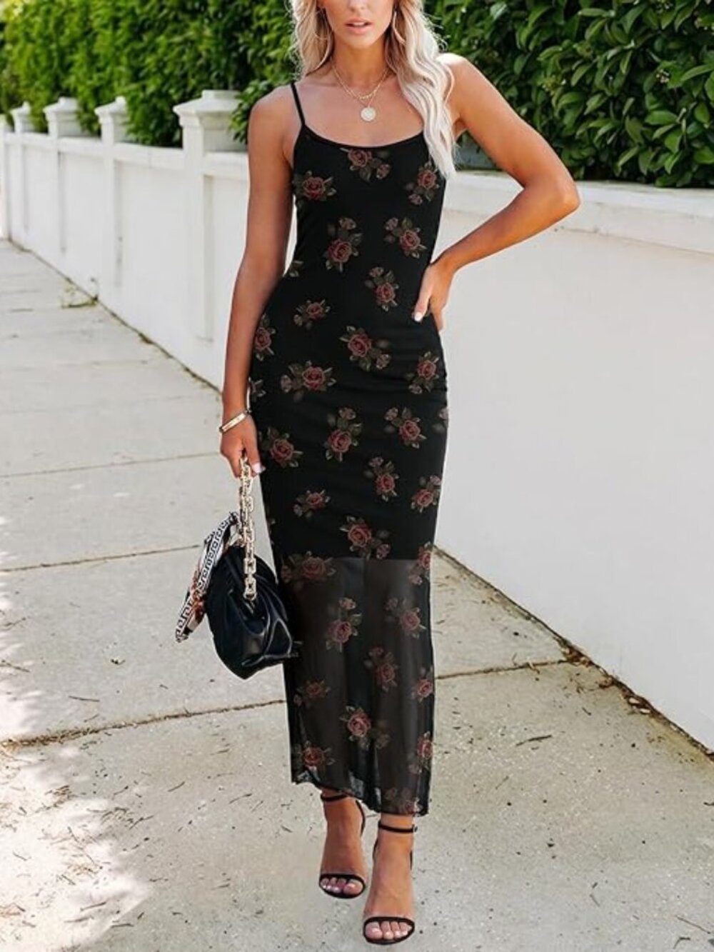 Womens Mesh Floral Midi Dresses Spaghetti Strap Sleeveless Vintage Goth Formal